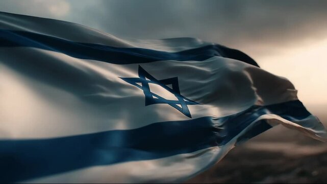 Israel flag flows with strength through sky and light, proud and ancient symbol. Star of David leads in wind and motion. Israel flag shows heritage, identity, unity.