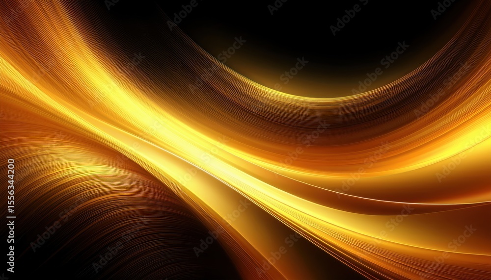 Poster flowing golden abstract light streaks on black background with dynamic curves for modern design and 