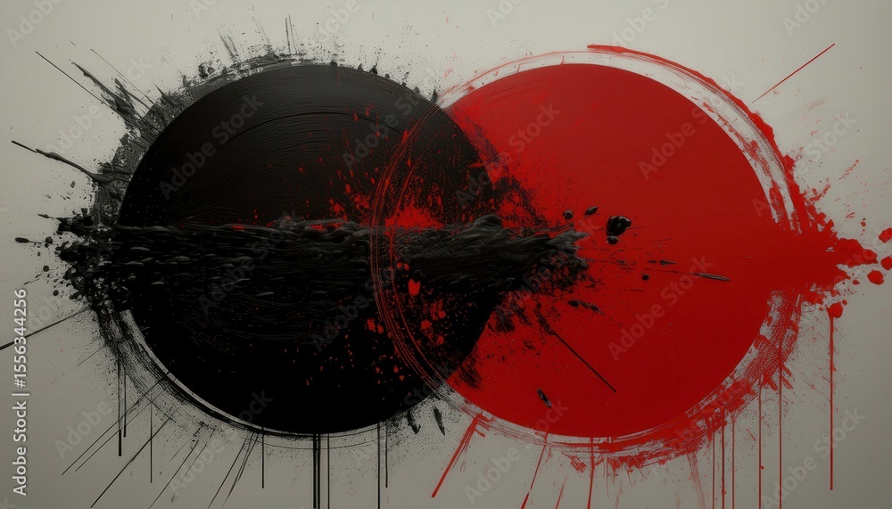 Poster overlapping red and black enso circles with dynamic ink splatter on gray canvas for abstract art print or bold poster design

