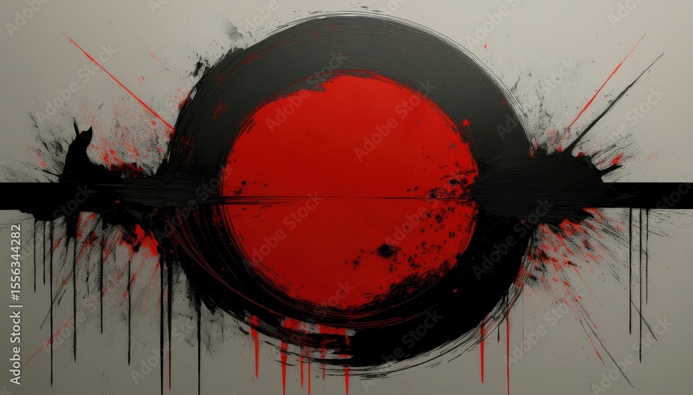 Poster overlapping red and black enso circles with dynamic ink splatter on gray canvas for abstract art pri