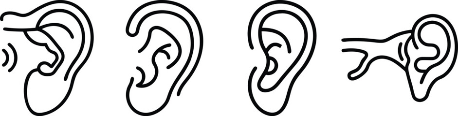 Different Views of the Human Ear, Anatomy Illustration, Outline Style