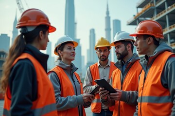 A team of diverse architects and engineers utilize advanced AI technology to conduct a comprehensive OSHA inspection at a futuristic construction site.