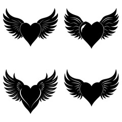 Obraz premium Four black heart shapes each adorned with a pair of wings on a white background in a symmetrical layout