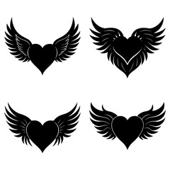 Fototapeta premium Four black heart shapes with wings in different styles isolated on a white background in a vector image