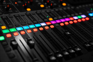  
Mixer control. Music engineer. Backstage controls on an audio mixer, Sound mixer. Professional...