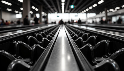 Empty baggage belt and bins in the security line at the airport  