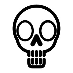 A minimalist black skull icon, The flat design features two large circular eyes and simplified nose and teeth. Suitable for danger symbols, warning signs, or spooky graphic elements.