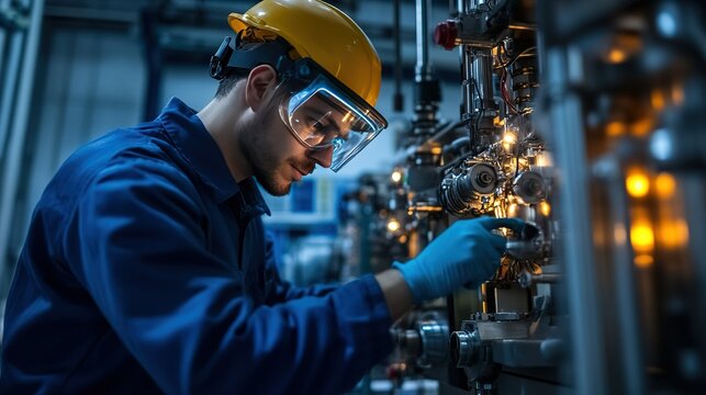 Skilled factory worker wearing a hard hat and safety glasses inspects complex machinery in a modern industrial manufacturing plant