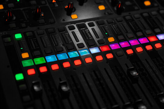 Mixer control. Music engineer. Backstage controls on an audio mixer, Sound mixer. Professional audio mixing console with lights, buttons, faders and sliders. sound check for concert. live broadcast.
