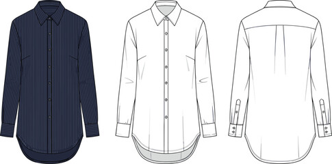 Button-up shirt front and back views, cad drawing flat vector illustration, striped and plain styles, curved hem, formalwear garment sketch