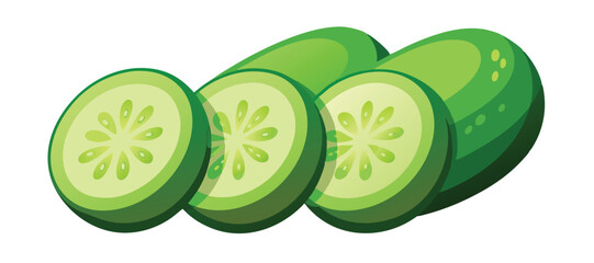 Freshly Sliced Cucumber Pieces Artfully Arranged on White Background. Sliced cucumber row, cross-section, green-skinned, freshness.