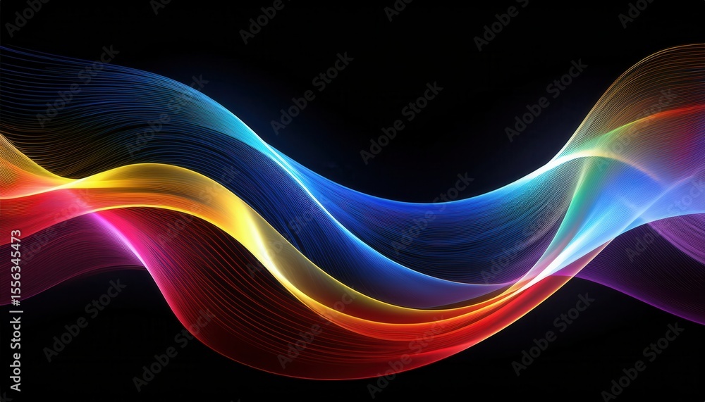 Poster vibrant flowing light waves on black background with neon rainbow gradient and fine lines, ideal for