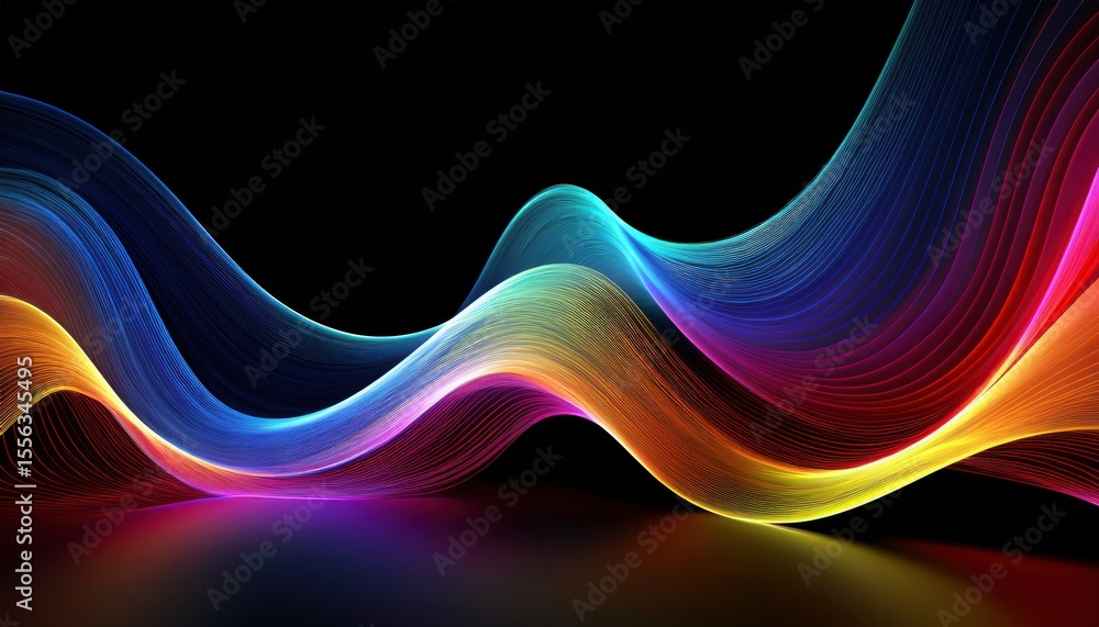 Poster vibrant flowing light waves on black background with neon rainbow gradient and fine lines, ideal for