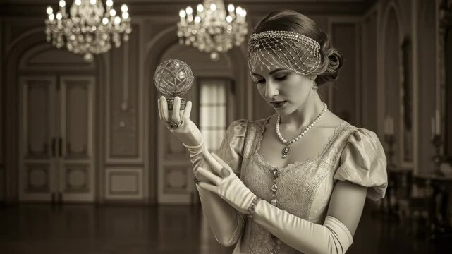 Elegant Woman in Vintage Gown Holding Crystal Orb - A sepia-toned video of a woman in a beautiful vintage gown and long gloves, holding a crystal orb.