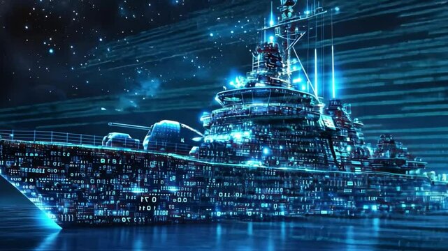 Digital Warship: A futuristic navy destroyer vessel at night.