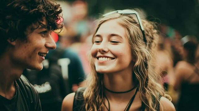 Young Couple at Festival Waiting for First Kiss
