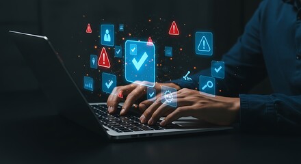 Person working on laptop with digital validation and warning icons