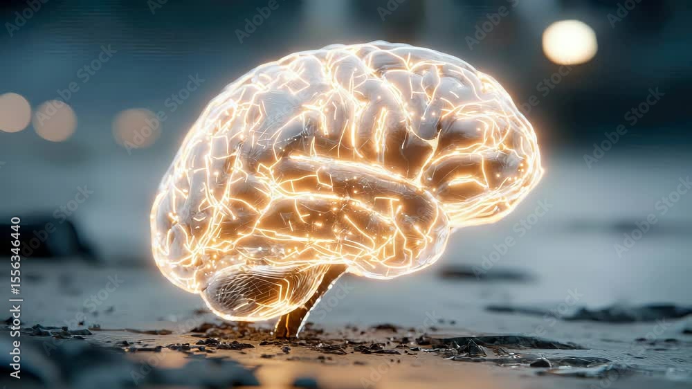 Poster glowing digital brain made of translucent fibers emitting light, symbolizing advanced artificial int