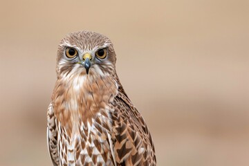 Obraz premium A close-up of a fierce-looking golden-brown hawk with striking eyes on a neutral background.