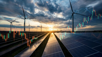 Renewable energy farm with solar panels and wind turbines at sunset overlaid with financial stock market data charts
