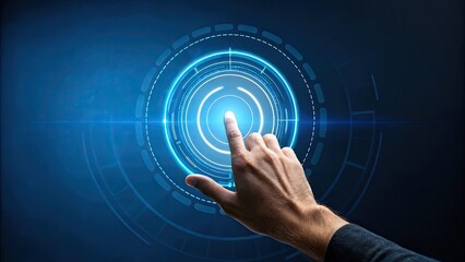 Human finger touching a glowing blue digital interface with futuristic circular elements