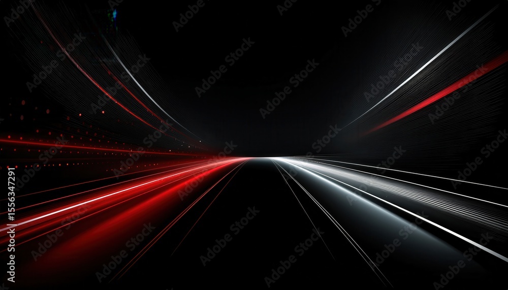 Poster futuristic red and white light trails on black background symbolizing high speed data flow and digit
