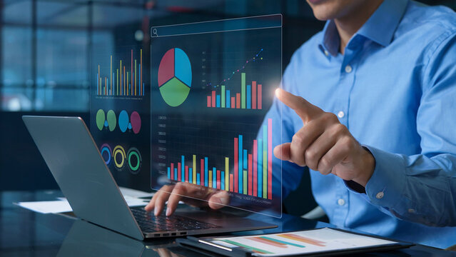 Businessman interacting with a transparent holographic interface displaying financial charts and data analysis on a laptop