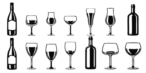 Cocktail and Drinking Glasses & Bottles Vector Set – Assorted Barware and Beverage Silhouettes cocktail, drinking, glasses, bottles, vector, alcohol, barware, silhouette