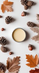 Autumnal cream jar, surrounded by fall leaves, pine cones, and acorns