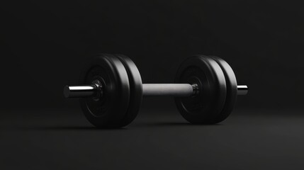 A sleek, black dumbbell is showcased against a dark backdrop, making it ideal for fitness-related content, workout guides, or gym promotions, Its modern design appeals to health enthusiasts,