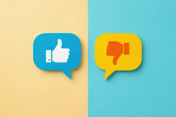 Thumbs up and thumbs down icons in speech bubbles, contrasting colors, feedback concept