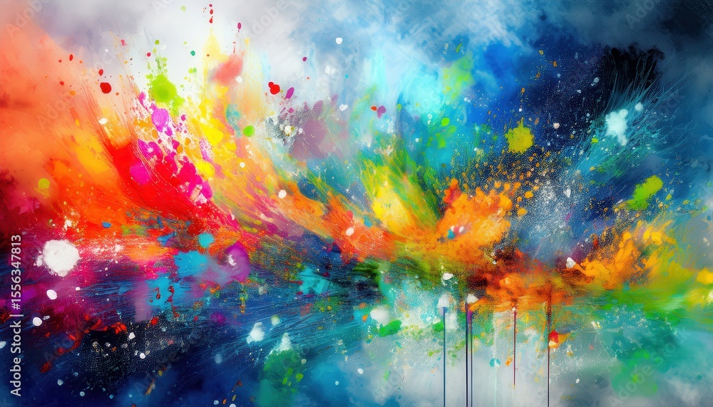 Poster vibrant abstract paint explosion on textured canvas with dynamic rainbow splatter for modern web des