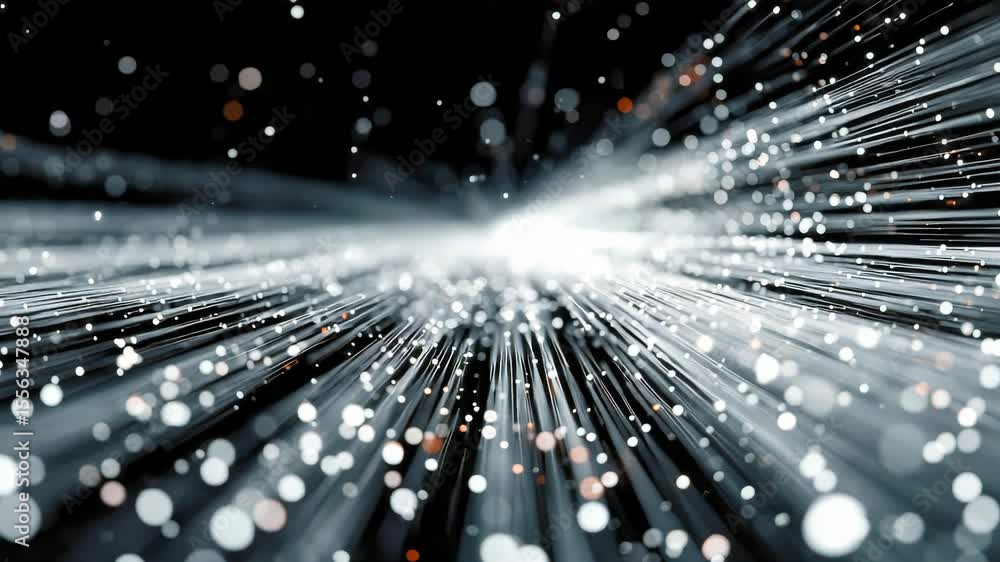 Poster abstract futuristic digital space filled with glowing white particles and grid lines on a black back
