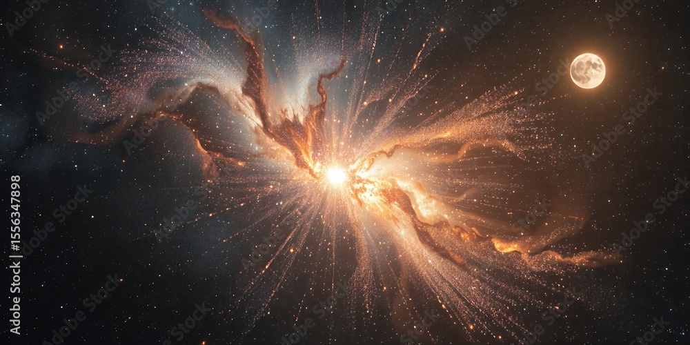 Poster celestial explosion with bright center and nebula clouds with a moon in the upper right