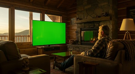 Cozy Cabin Relaxation: Man Enjoys Green Screen TV by Fireplace
