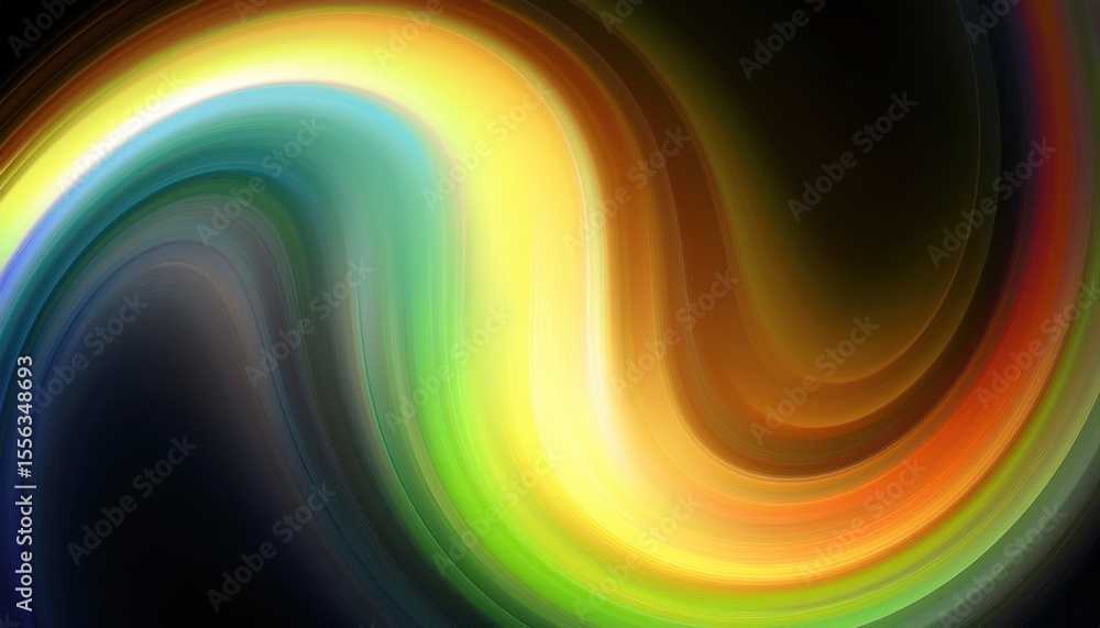 Poster vibrant neon swirl of rainbow light waves on black background with glossy texture for abstract web d