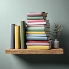 Stack of minimal books on a floating shelf against a soft gradient background in pastel tones showcasing a modern and clean aesthetic