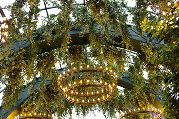 Fototapeta premium A decorative arch decorated with lush greenery and round illuminated chandeliers.