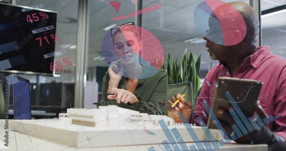 Poster after overlay flashes, architect and engineer pointing at model while scanning for design planning