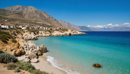Obraz premium Scenic coastline with clear turquoise water and rocky shore 