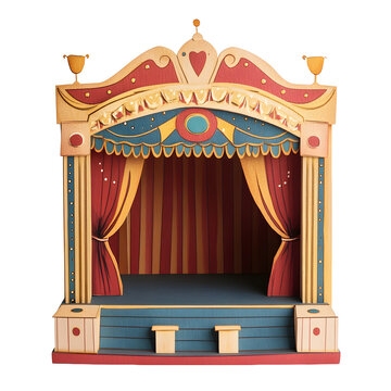 A whimsical wooden puppet theater stage with red and yellow striped curtains and decorative elements isolated on transparent background