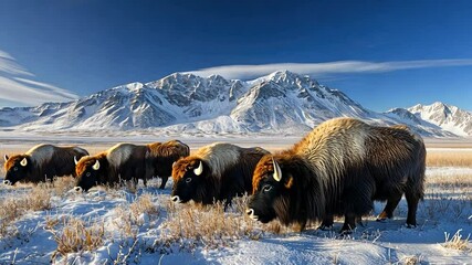Wild Bison Grazing in Snowy Mountain Landscape. - Powered by Adobe