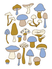 Set of stylizes mushrooms. Summer psychedelic elemenst in 70s and 80s style. Vibrant groovy and funky fungus. Rainbow tattoo stickers. Vintage nostalgia collection. Vector illustration.