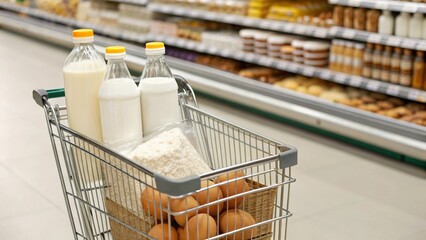 A practical view inside a grocery store, focusing on a silver shopping cart containing fundamental household items such as milk bottles, a bag of flour, and eggs