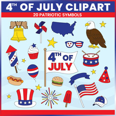 4th of July clipart set with 20 patriotic symbols. Includes USA flag, fireworks, eagle, food, pinwheel, and more. Perfect for holiday crafts, printables, and digital designs.