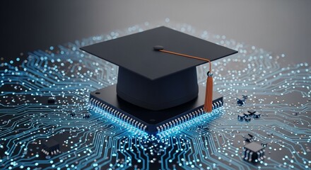 Digital Education and Technology Concept with Graduation Cap on Microchip and Circuit Board Design