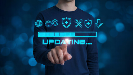 Person s finger touching digital interface showing updating progress bar and technology icons on a blue background