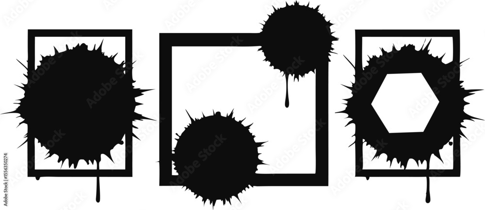 Poster three ink blots with spiky edges dripping effects inside square hexagonal frames on