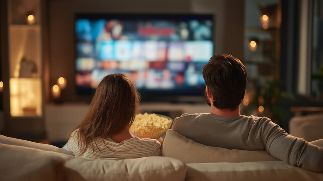 Authentic Couple Spending Time at Home, Sitting on a Couch and Watching Latest Blockbuster on Flat Screen Television Set
