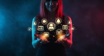 Smiling Woman Holding Glowing Social Media Icons in Hands